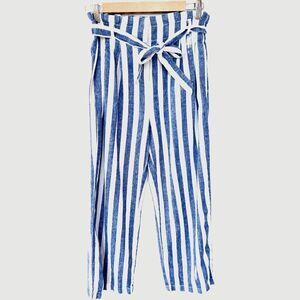 J. Crew Factory Blue White Striped Linen Cotton Paper-bag Pant 0
